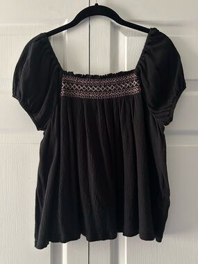 Madewell Black Smocked Square-Neck Top with Pink & white Embroidery